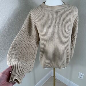 VTG Anne Marie Sweater Women M Tan Bubble Puff Sleeve Chunky Knit Boho Retro